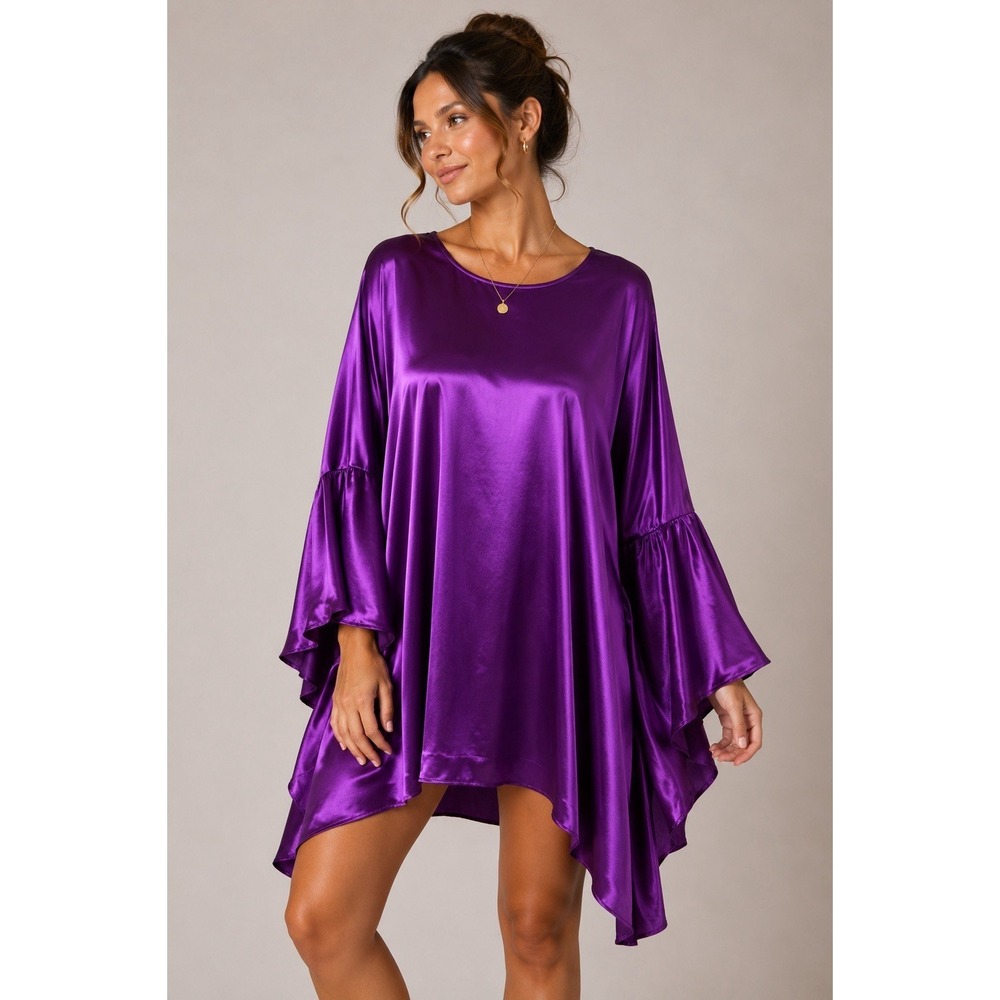 Aomei Purple Satin Bell Sleeve Swing Dress L Glam Party Holiday Statement Piece